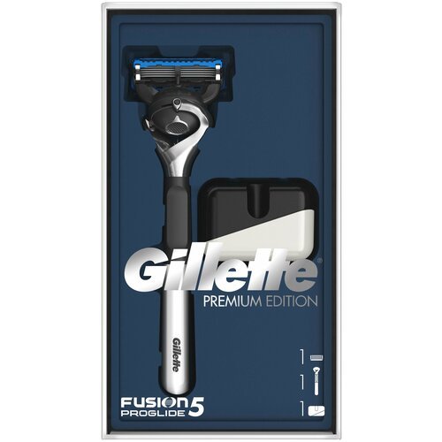 Набор Gillette подарочный подставка, бритвенный станок Fusion5 Proglide Flexball с эксклюзивной хромированной ручкой Premium Edition, белый