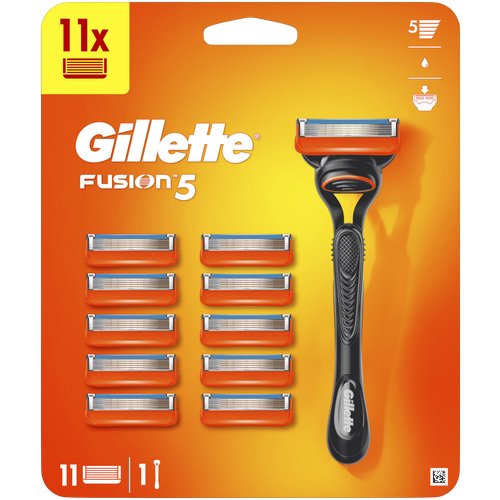 Многоразовый бритвенный станок Gillette Fusion5 Мужская Бритва 11 кассет с 5 лезвиями, с уменьшающими трение лезвиями, с точным триммером для бороды и усов, оранжевый, 11 шт.